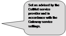 Rounded Rectangular Callout: Set as advised by the CellNet service provider and in accordance with the Gateway service settings.